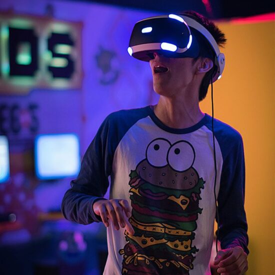 A person wearing a video game headset