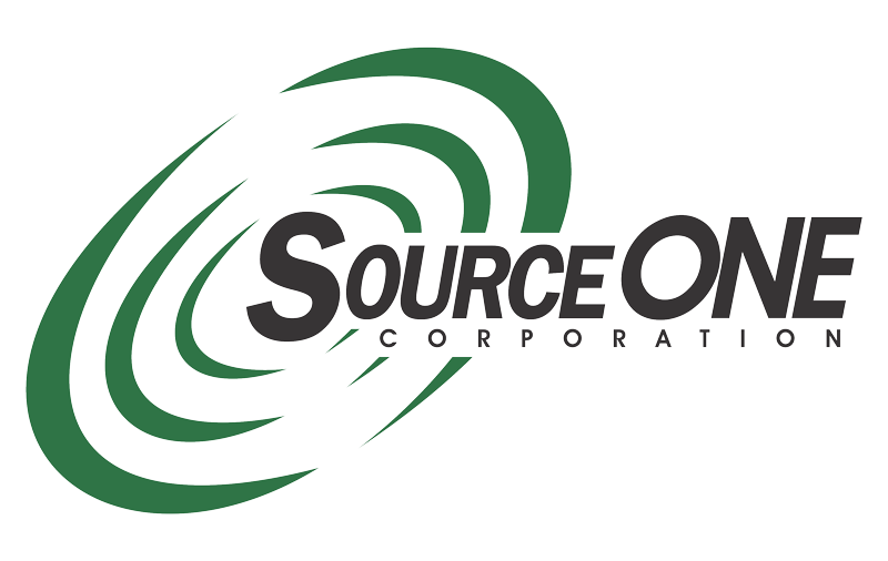 A black and green logo for the source one corporation.