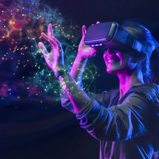 A person wearing a vr headset and holding something up to the sky.