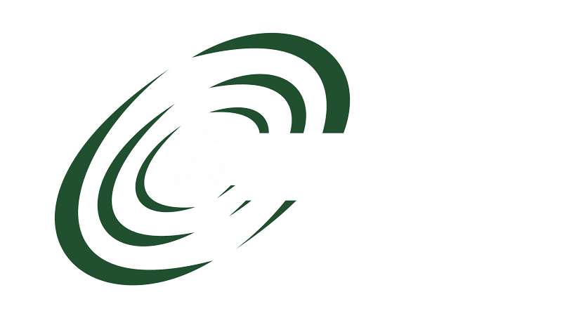 A black and white logo of source one corporation.